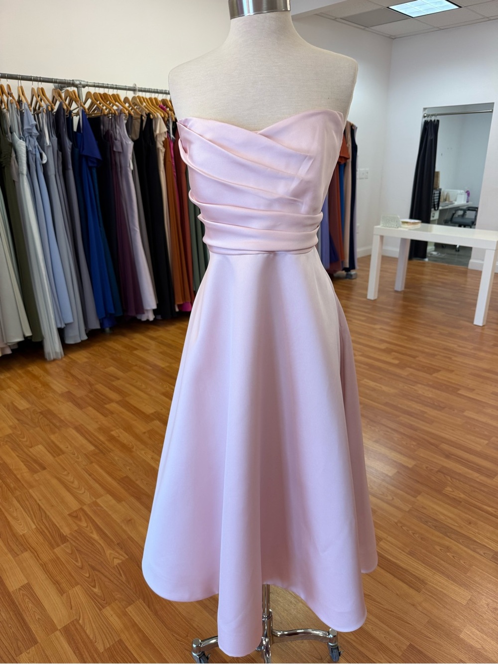 Dessy 3149 Strapless Ballet Pink Satin Twill Midi Dress